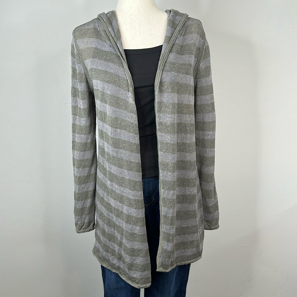 Eileen Fisher Organic Linen Plaited Stripe Hooded Open Front Cardigan